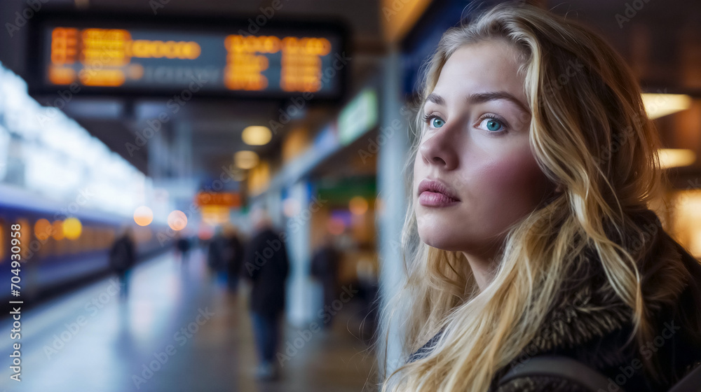 blonde sur le quai d'une gare 